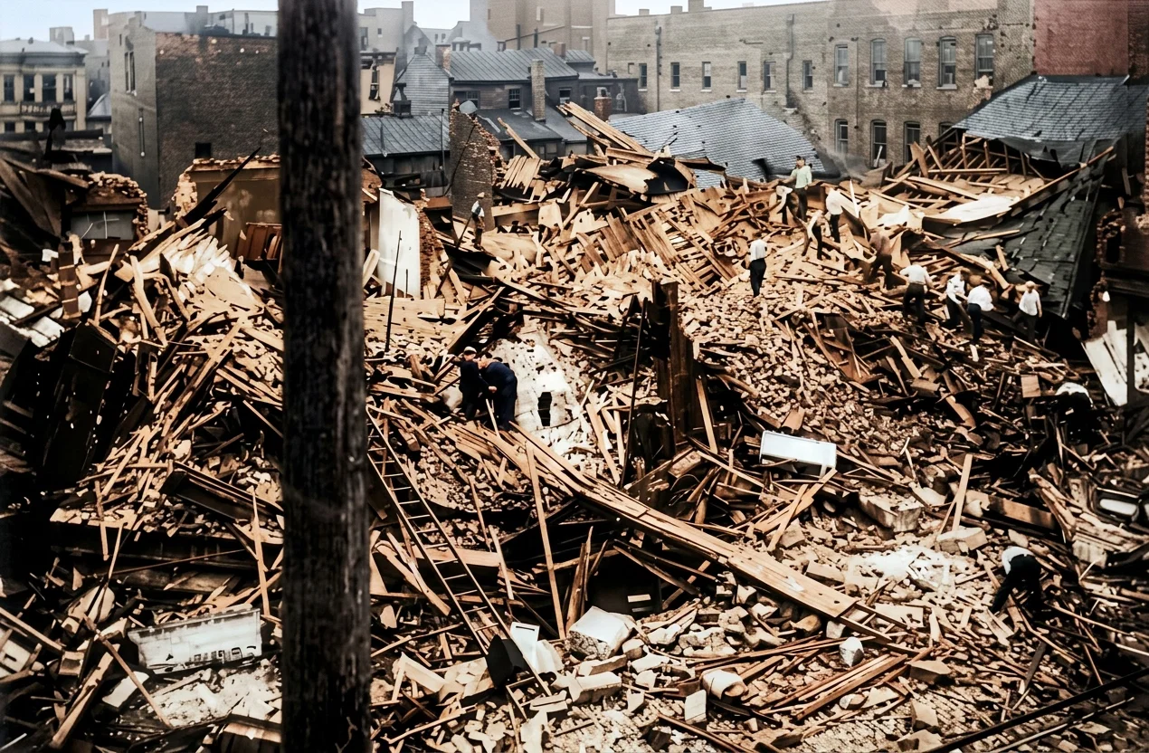 Photograph by Underwood and Underwood, N. Y. Work of the tornado that visited Cincinnati, Ohio, and vicinity, July 7. About twenty-five persons were killed, and damage amounting to over half a million dollars was done.