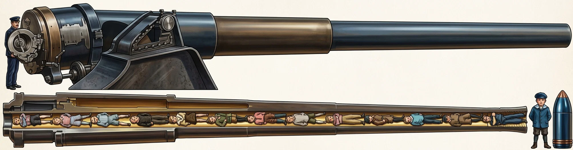 The Biggest Naval Gun. Total length, 53½ feet; weight, 64 tons; bore, 14 inches; capacity of powder-chamber, 15,848 cubic inches; smokeless powder charge, 365 pounds; weight of projectile, 1,400 pounds; muzzle velocity, 2,600 feet per second; muzzle energy, 65,600 foot tons; will shoot 25 miles; at 5 miles will pierce 13 inches of steel armor. The great barrel would contain 13 six year old boys lying lengthwise.
