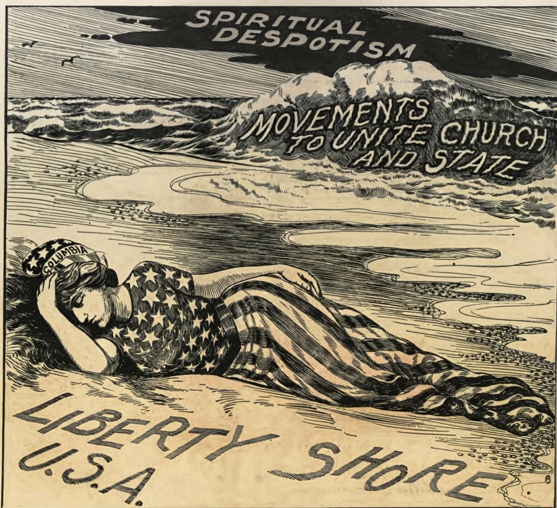 Columbia, trusting to a glorious past of Freedom, lies sleeping on the shore of liberty. She does not see the black cloud of spiritual despotism which is darkening the heavens. She does not hear the mighty roar of the on-coming billows. Awake, Columbia! Awake!