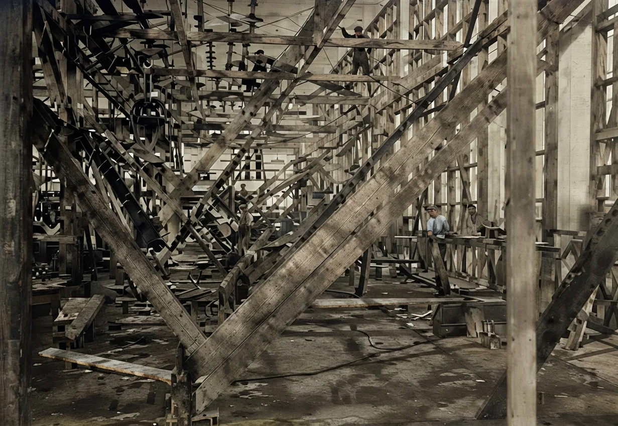 Interior of Press Building, Nov. 14, 1906, looking eastward; diagonal strips are temporary braces.