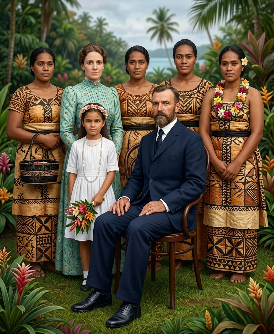 The above group of mission workers is located on Vavau Island in the Friendly group, South Pacific, and is made up of E. E. and Mrs. Thorpe, their little daughter Elva, three young Tongan women, and one other worker.