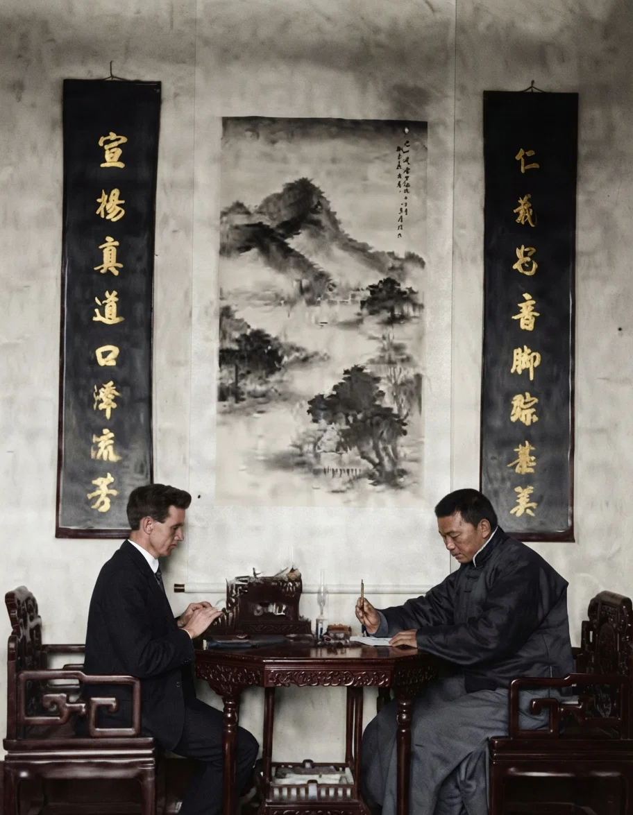 Our Chinese guest room in the Kiangsu mission. The scrolls on the wall bear the inscription, "How beautiful are the feet of them that preach the gospel of peace, and bring glad tidings of good things!"