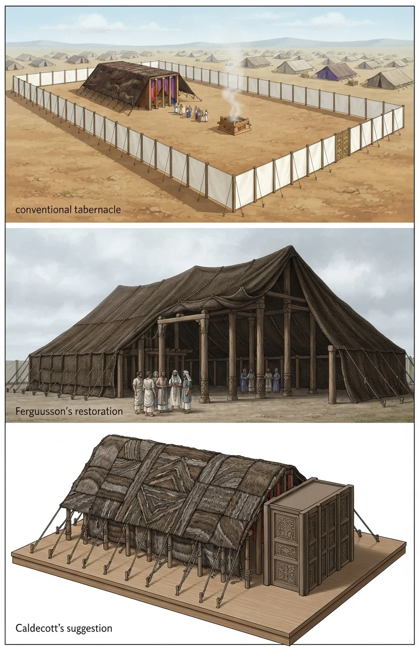 Three Views of the Tabernacle. The first is the conventional tabernacle similarly pictured by so many different persons. Secondly, Fergusson's restoration; the lower one as suggested by Rev. Mr. Caldecott.