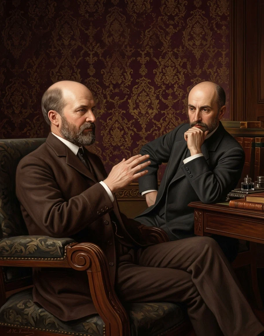 M. Poincare, the French Prime Minister, at the left, and M. Sazonoff, the Russian Premier and the Minister for Foreign Affairs, at the right, discussing conditions in Europe. The two governments have affirmed the fact that complete agreement prevails between them, and both are using their power and influence to preserve the peace in Europe. The Russian Premier is said to be an ardent supporter, not only of the alliance with France, but of the Triple Entente which includes England.