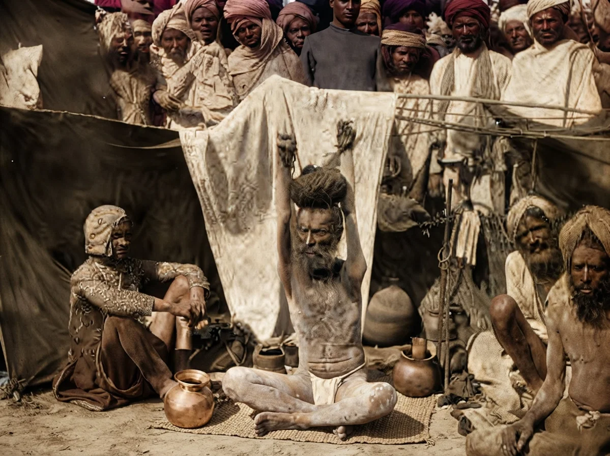 Hindu Fakir, or Fanatic, Who Has Held His Arms Above His Head until They Have Withered and Grown into that Position.