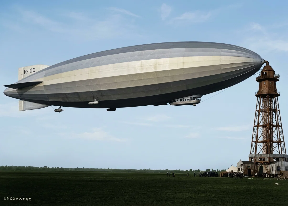 Another record breaker. The great British dirigible, "R-100," as it appeared attached to the new 110-foot mooring mast at the St. Hubert Airport, Montreal, Canada, after crossing the Atlantic from Cardington, England, in 78 hours, 51 minutes.