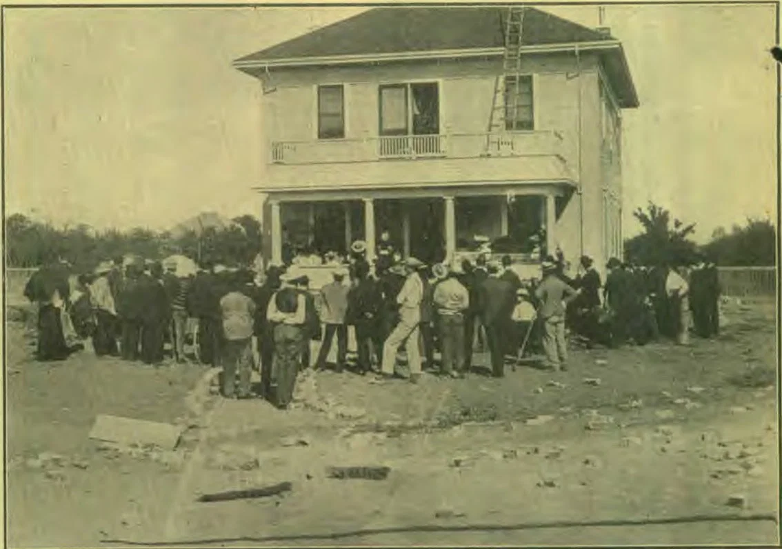 This cut appeared in our issue of August 8 as "Our First Sabbath Service." This was wrong; it should have been Our First Sunday Morning Chapel Service, after the fire, July 22, 1906, held in front of our boarding house.