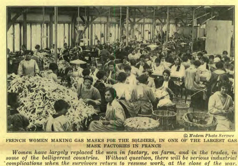 FRENCH WOMEN MAKING GAS MASKS FOR THE SOLDIERS, IN ONE OF THE LARGEST GAS MASK FACTORIES IN FRANCE