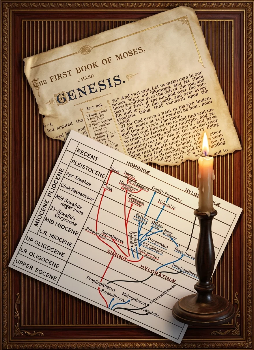 Here are contrasted the man-story of the evolution of man, and the God-story of the creation of man. The former is taken from Current Opinion for December, 1919, and is a diagrammatic representation of the successive geologic periods and the lines of descent of man and apes. Notice that Genesis gives the story complete, there is no missing evidence, the beginning is laid bare, while the evolutionist’s diagram does not even attempt to show a beginning. The four lines at the bottom cannot be traced back to a common beginning. Which of the two stories is the most clear and simple, the most believable? For which is there the most proof? Which is most scientific?