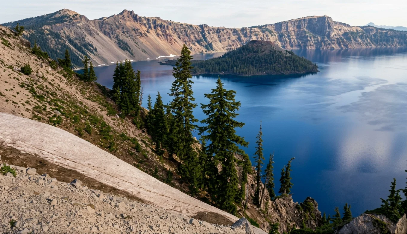 CRATER LAKE, OREGON, SHOWING WIZARD ISLAND. This lake is the site of an extinct, or supposedly extinct, volcano.