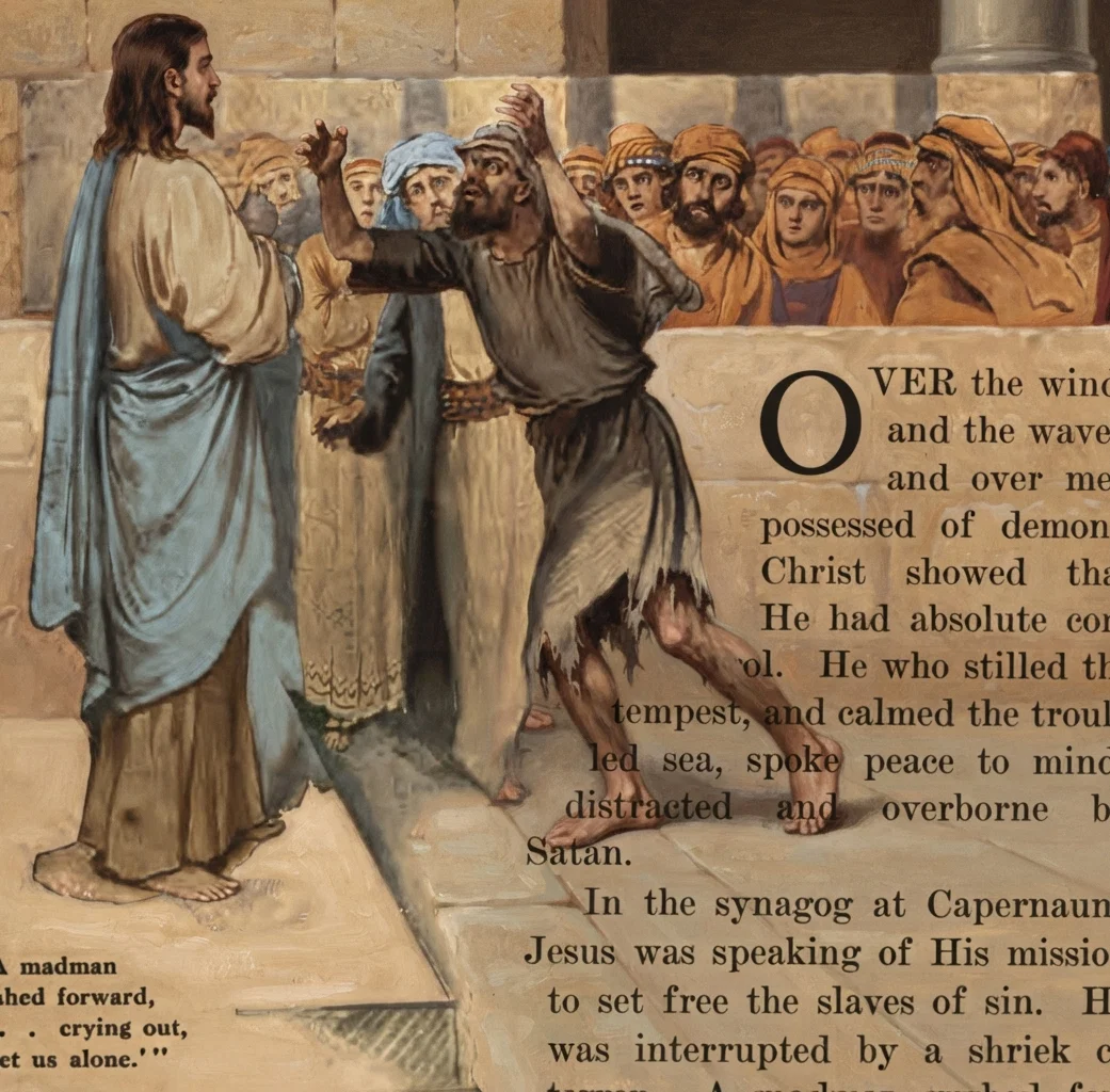 "A madman
rushed forward,
. . . crying out,
'Let us alone.'"