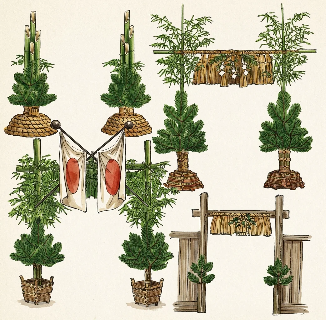 JAPANESE NEW YEAR DECORATIONS. The upper one at the right is the most common; the lower frequently seen; the upper at the left rarely seen; and the lower not numerous.