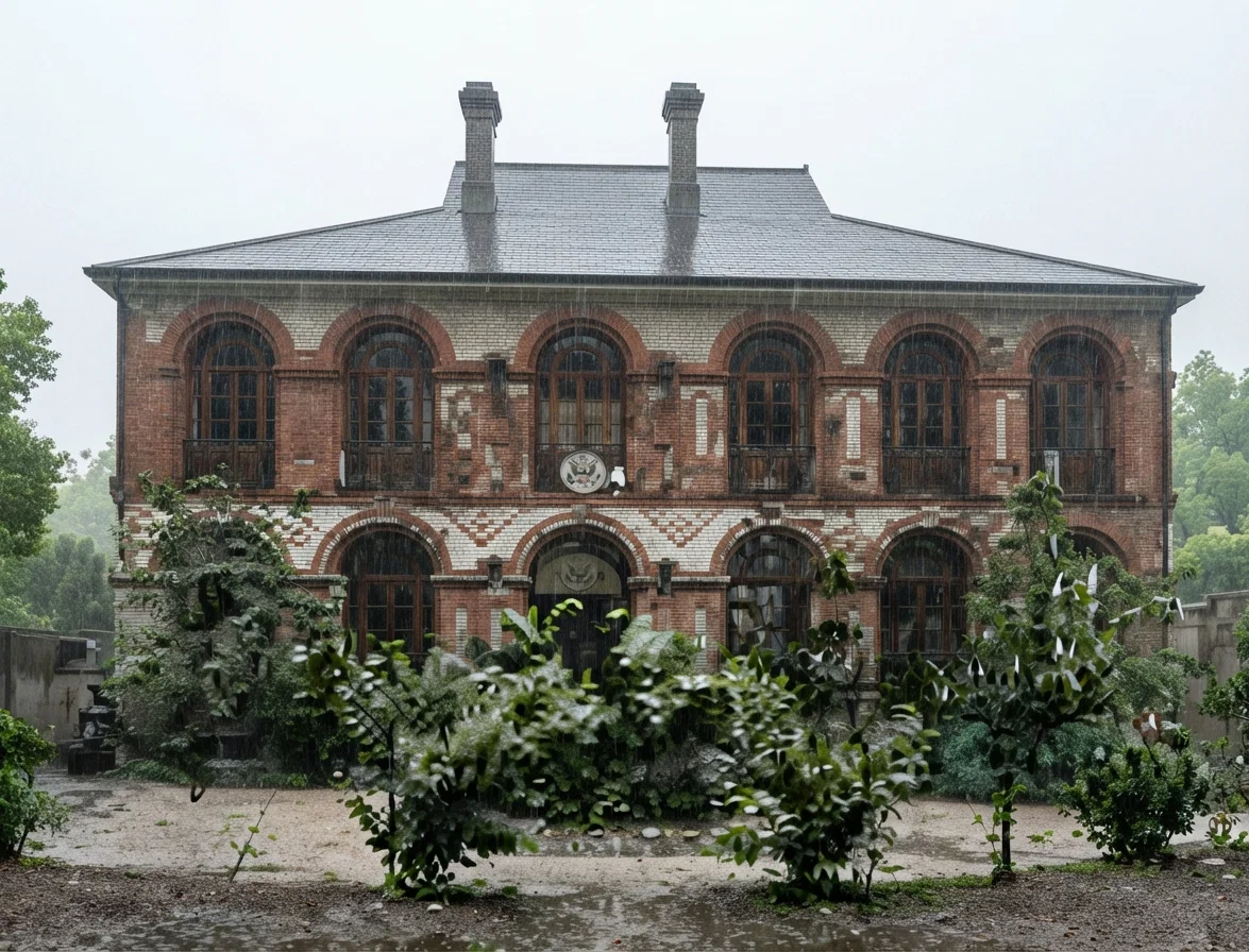 7. American consulate building at Nanking, taken during a hard rain. The structure is built of white and red brick.