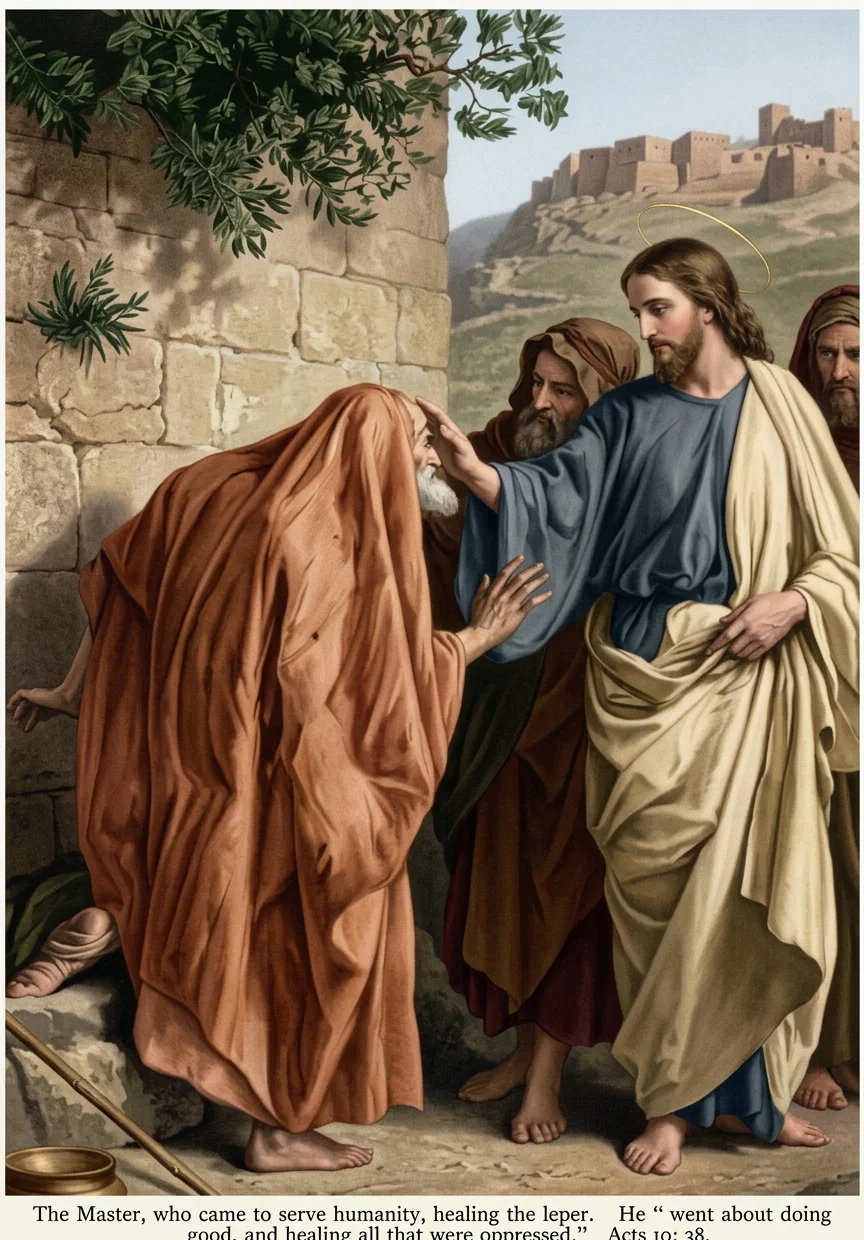 The Master, who came to serve humanity, healing the leper. He "went about doing good, and healing all that were oppressed." Acts 10: 38.