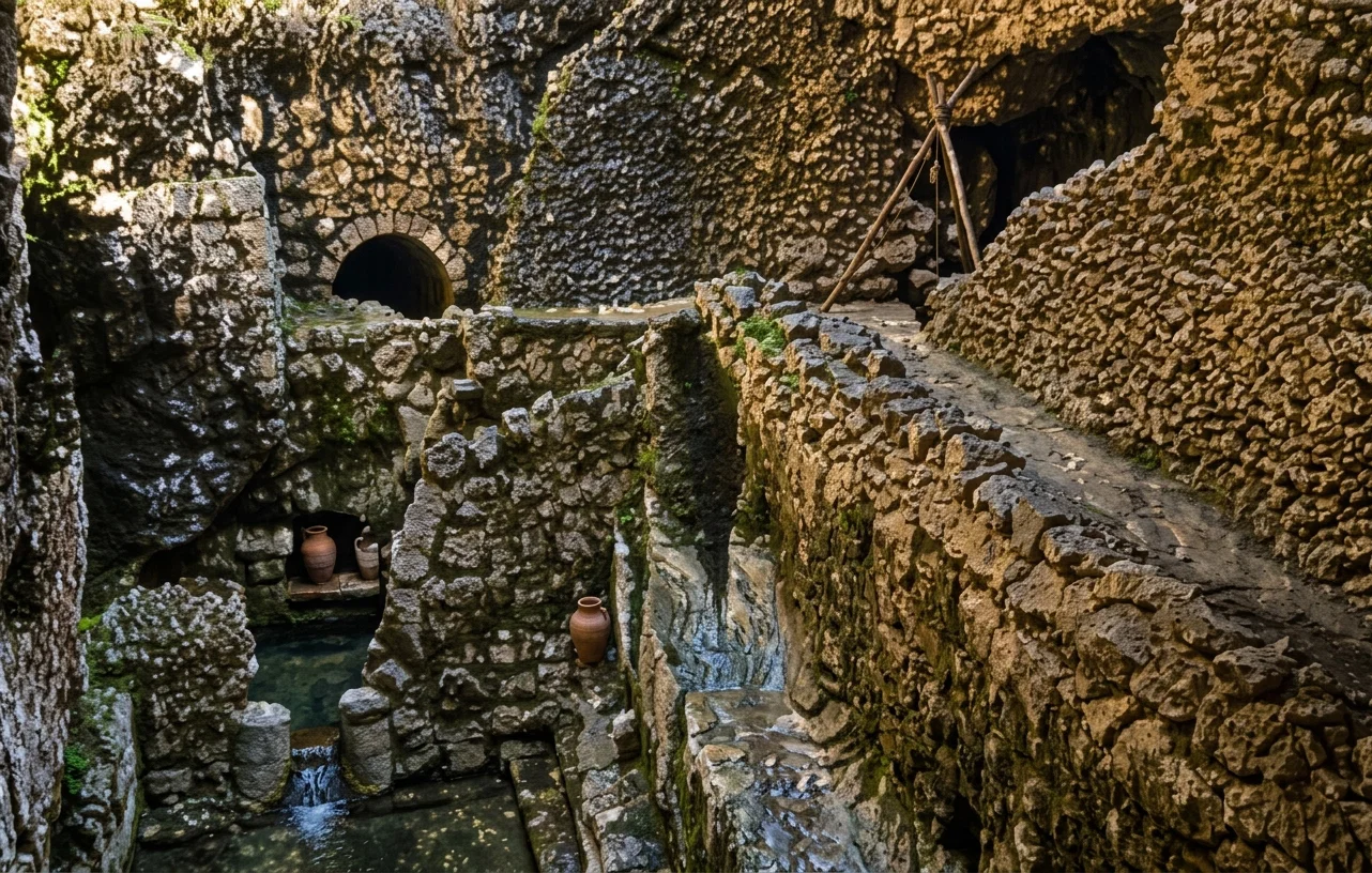 THE POOL OF SILOAM, SHOWING OUTLET OF THE CONDUIT IN WHICH THE SILOAM INSCRIPTION WAS FOUND