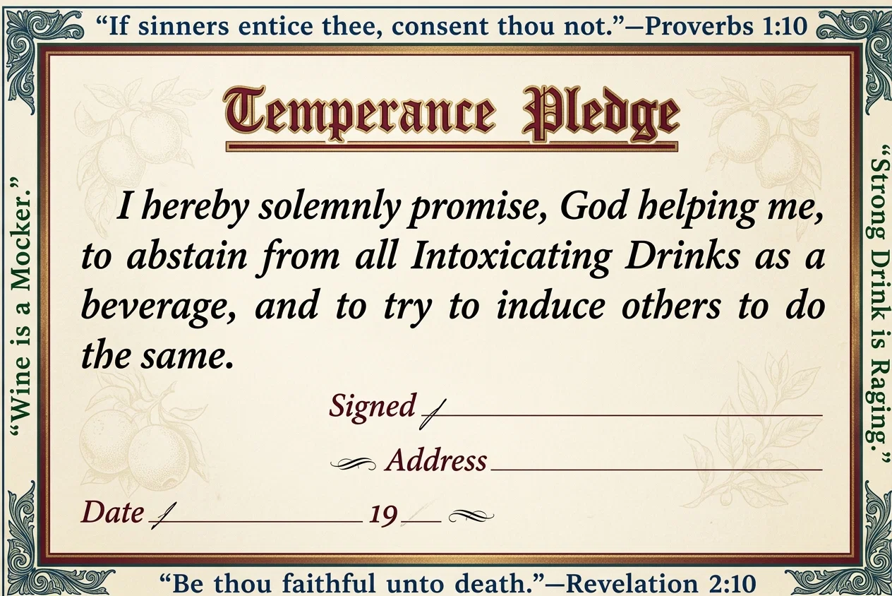 A facsimile of the Review and Herald Temperance Pledge card. Prices: 1 cent each, or 75 cents a hundred