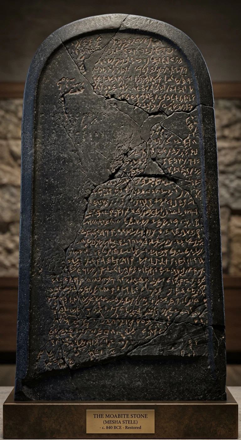 The Moabite Stone, found among the ruins at Dibon, twenty miles east of the Dead Sea, evidently at one time set up as a monument. It contains a record of Mesha, king of Moab, his warring against Israel, and his honor to the wretched worship of Chemosh. This stone helps to illustrate Bible history, and confirm its facts in the minds of those who may not have faith.