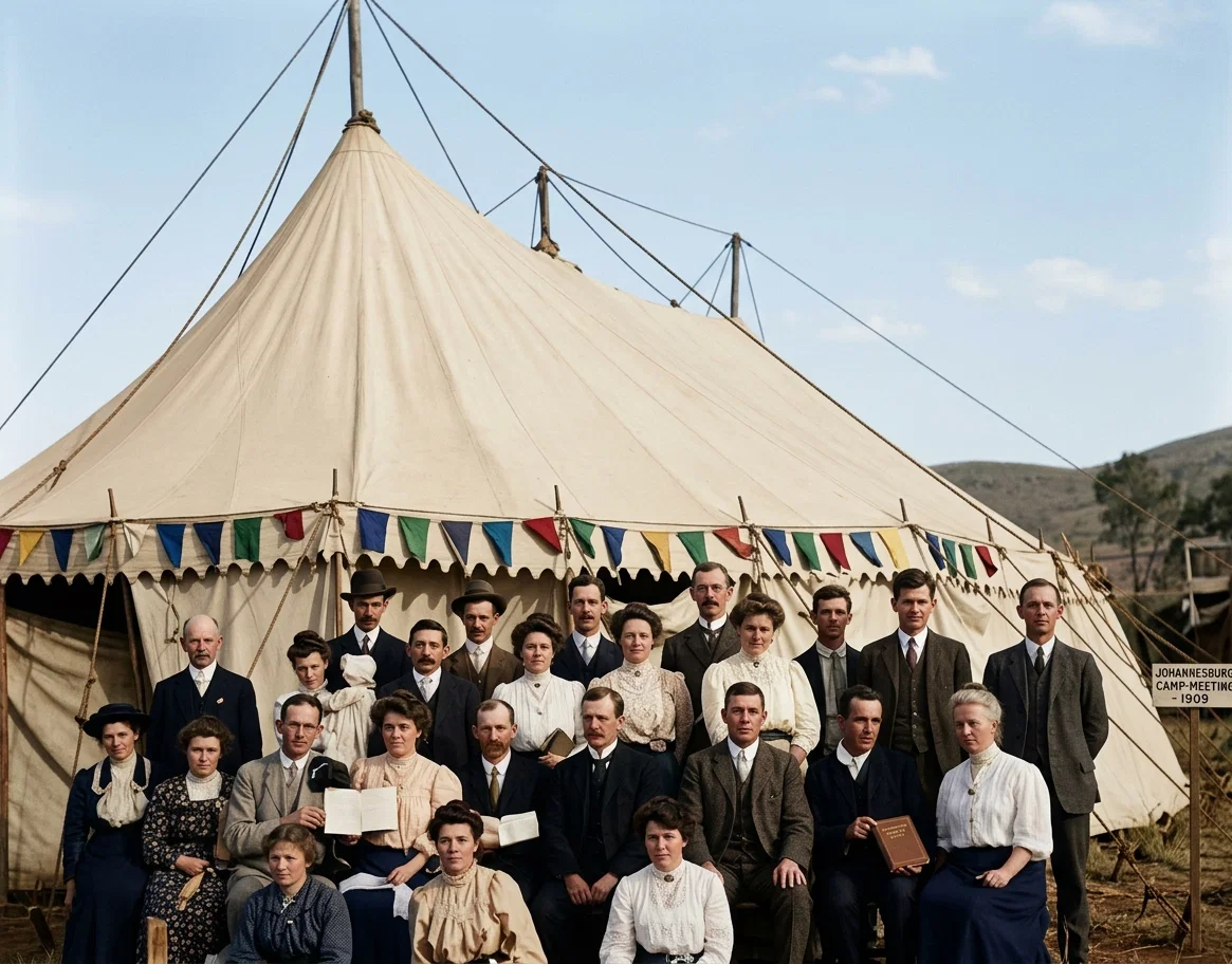 G. H. CLARK, GENERAL AGENT OF THE SOUTH AFRICAN UNION CONFERENCE, WITH HIS COMPANY OF CANVASSERS AT THE CAMP-MEETING AT JOHANNESBURG