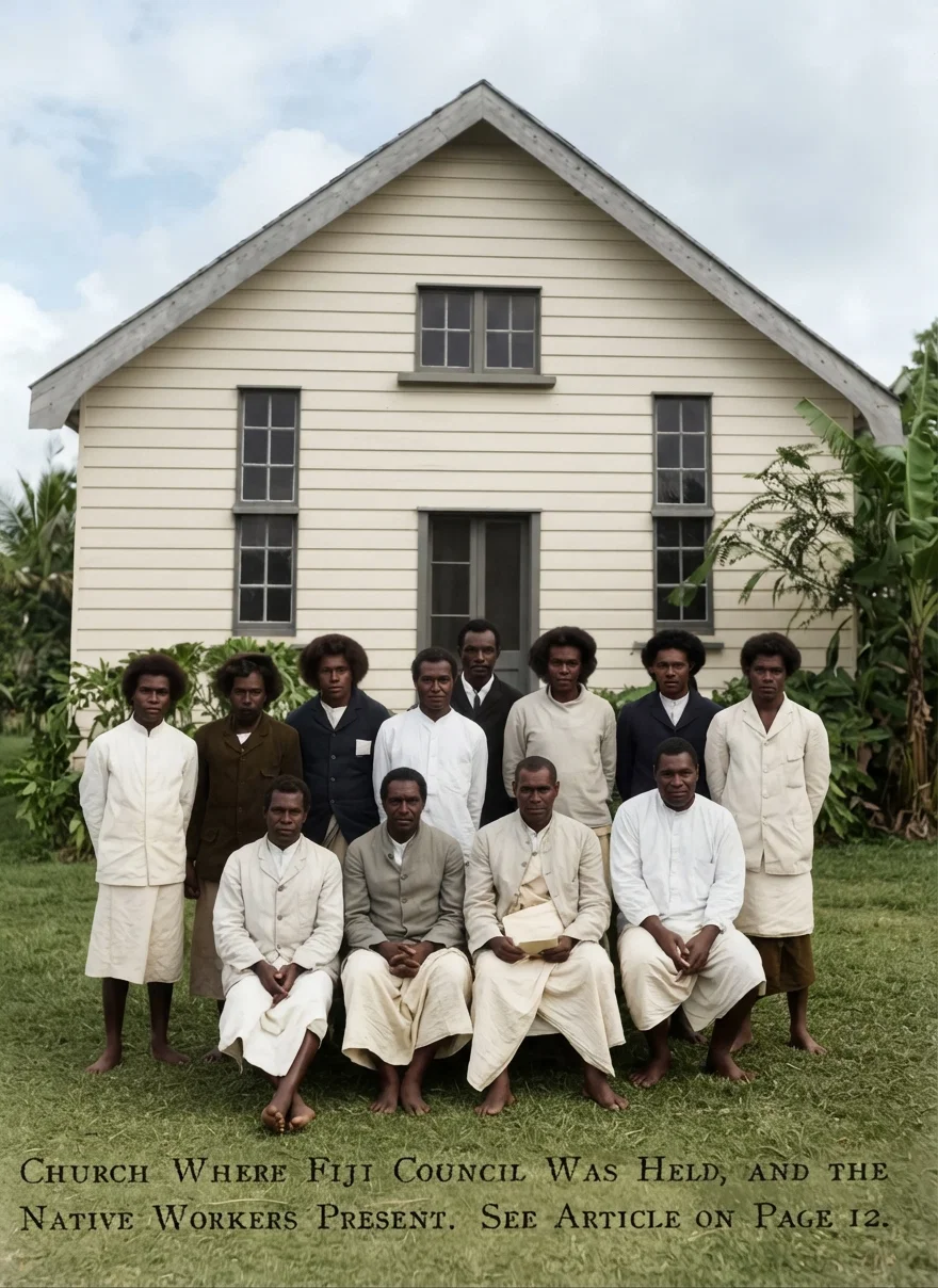 Church Where Fiji Council Was Held, and the Native Workers Present. See Article on Page 12.