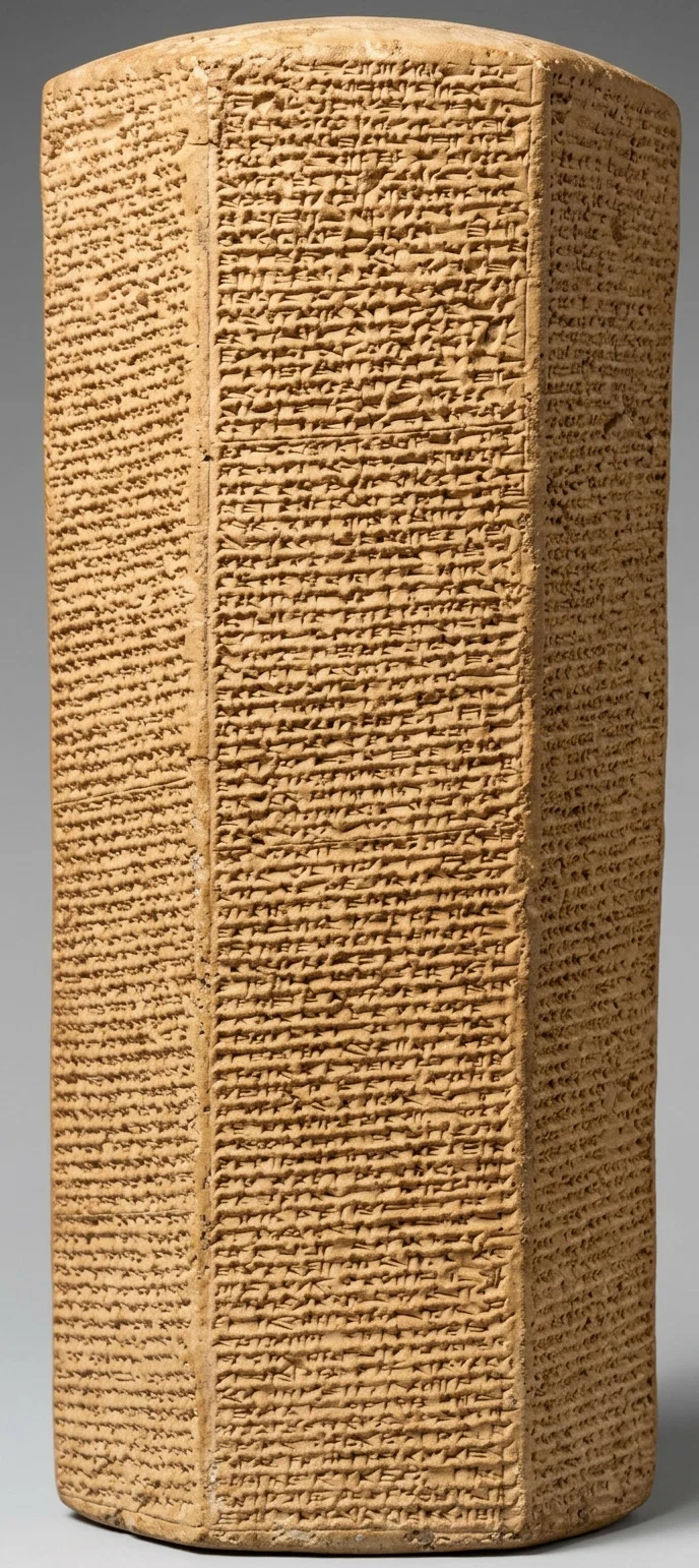 Six-sided clay prism of Sennacherib, king of Assyria. The cylinder is now in the British Museum.