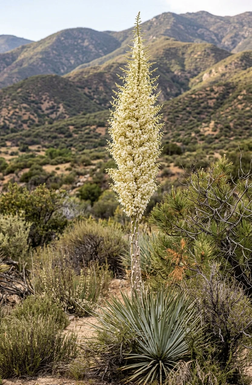 CALIFORNIA SCENERY, No. 25.—“Spanish Bayonet,” Yucca aloifolia. One of a numerous species of the Yucca plant, growing plentifully in California and southwestern part of North America. Remarkable for their stately appearance and magnificent inflorescence, sometimes attaining a height of 15 to 20 feet. The stem and foliage are woody and fibrous, and are used by Mexicans for a coarse cordage. The roots of some of the species make a fairly good soap. The leaves are generally stiff and sword-shaped, with a sharp point, whence the name. Some of the species bear a fruit resembling small bananas. It is a beautiful, hardy garden plant.