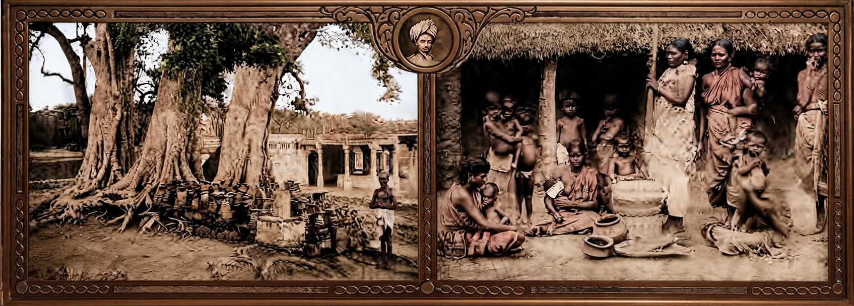 Three "spirit" trees and temple of devil worshipers of South India. Worship of this class is one of the most pitiful of superstitions. Typical group of Tamil people of the poorer class living in one house in the village of Nazareth, South India.