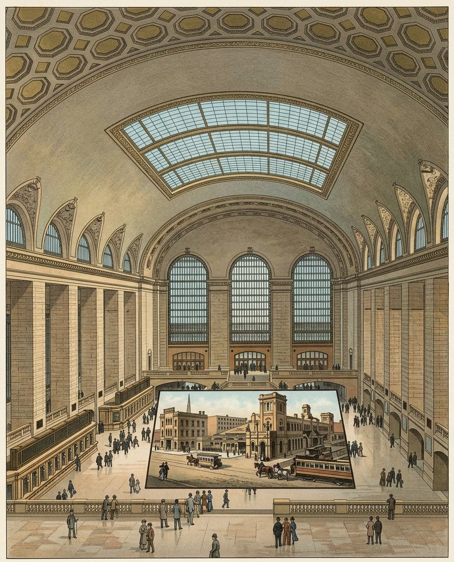 The center is a picture of the first Grand Central Station, where Madison Square Garden now is. It could be placed in the express concourse of the new station.