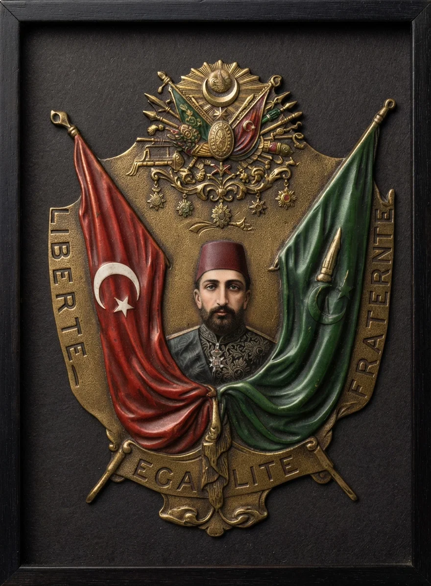 Constantinople post-card representing a medal suggested by the sultan to commemorate the proclaiming of the constitution. In the center is the sultan, on the right the green flag of Mohammed, on the left the red flag of the Empire. Does the sultan feel at home amid Liberty, Equality, and Fraternity?