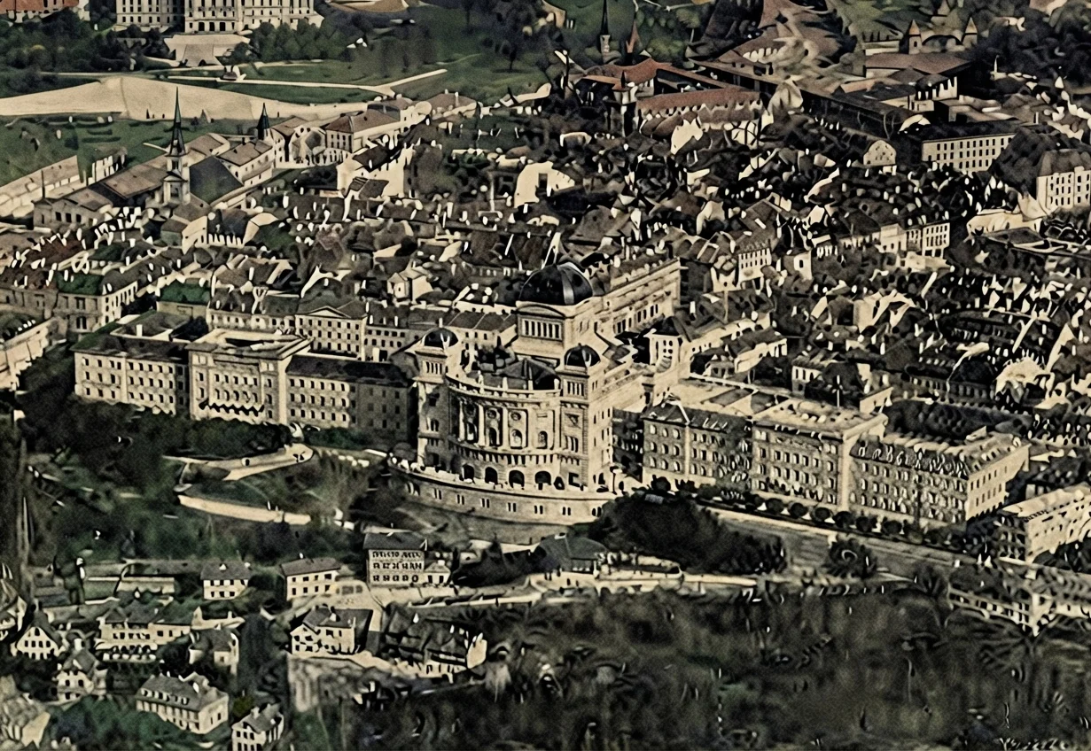 Birdseye View of the City of Berne, Swiss Parliament Buildings in Foreground.