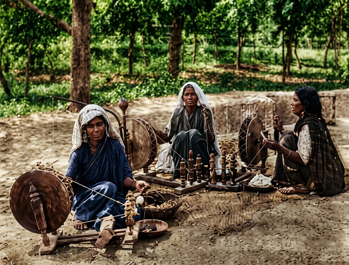 INDIAN WOMEN ENGAGED IN WEAVING IN THE OPEN AIR