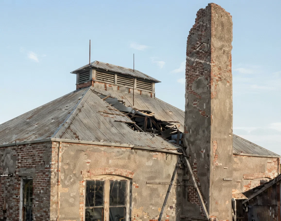 Pacific Press engine room, and broken smoke-stack which fell through the roof of the building.