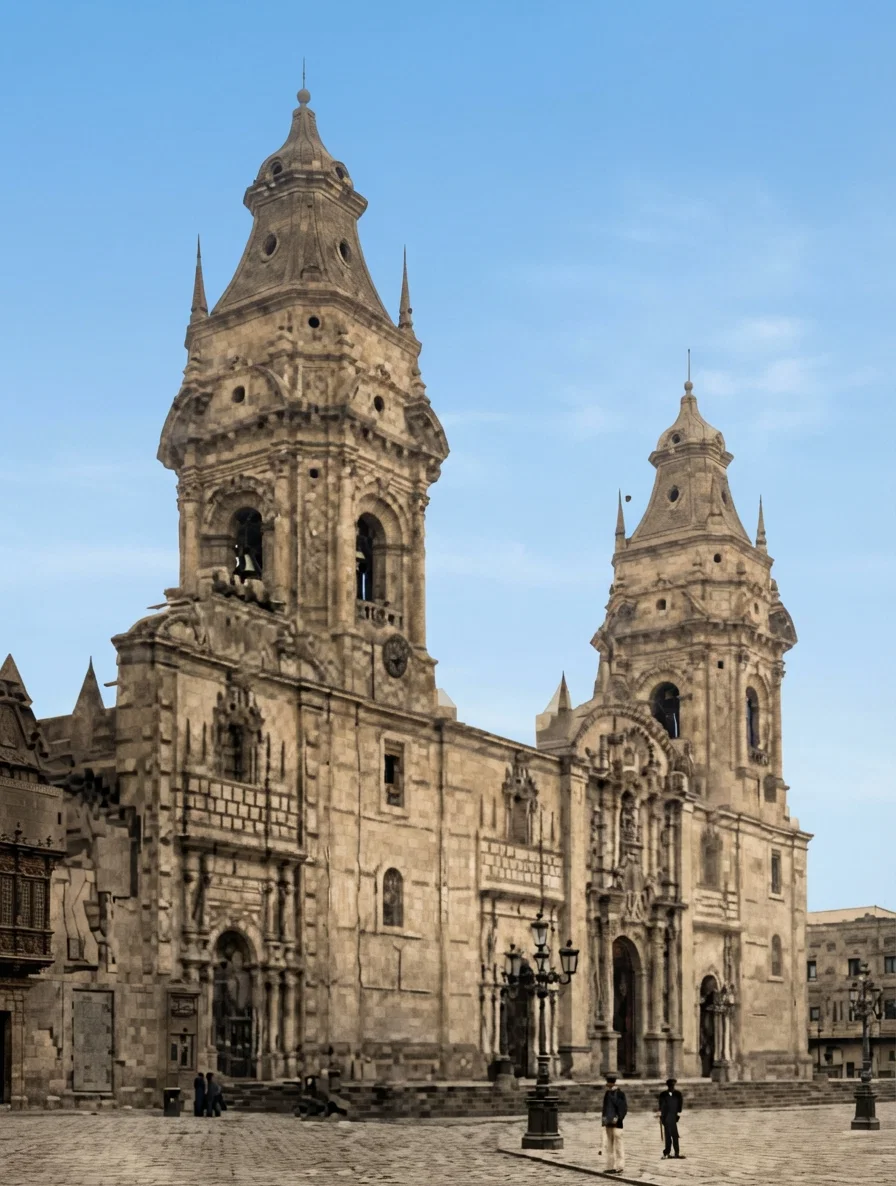 St. John's Cathedral, Lima, Peru. The facade is 480 feet wide; the central portion between the towers, 120 feet wide.