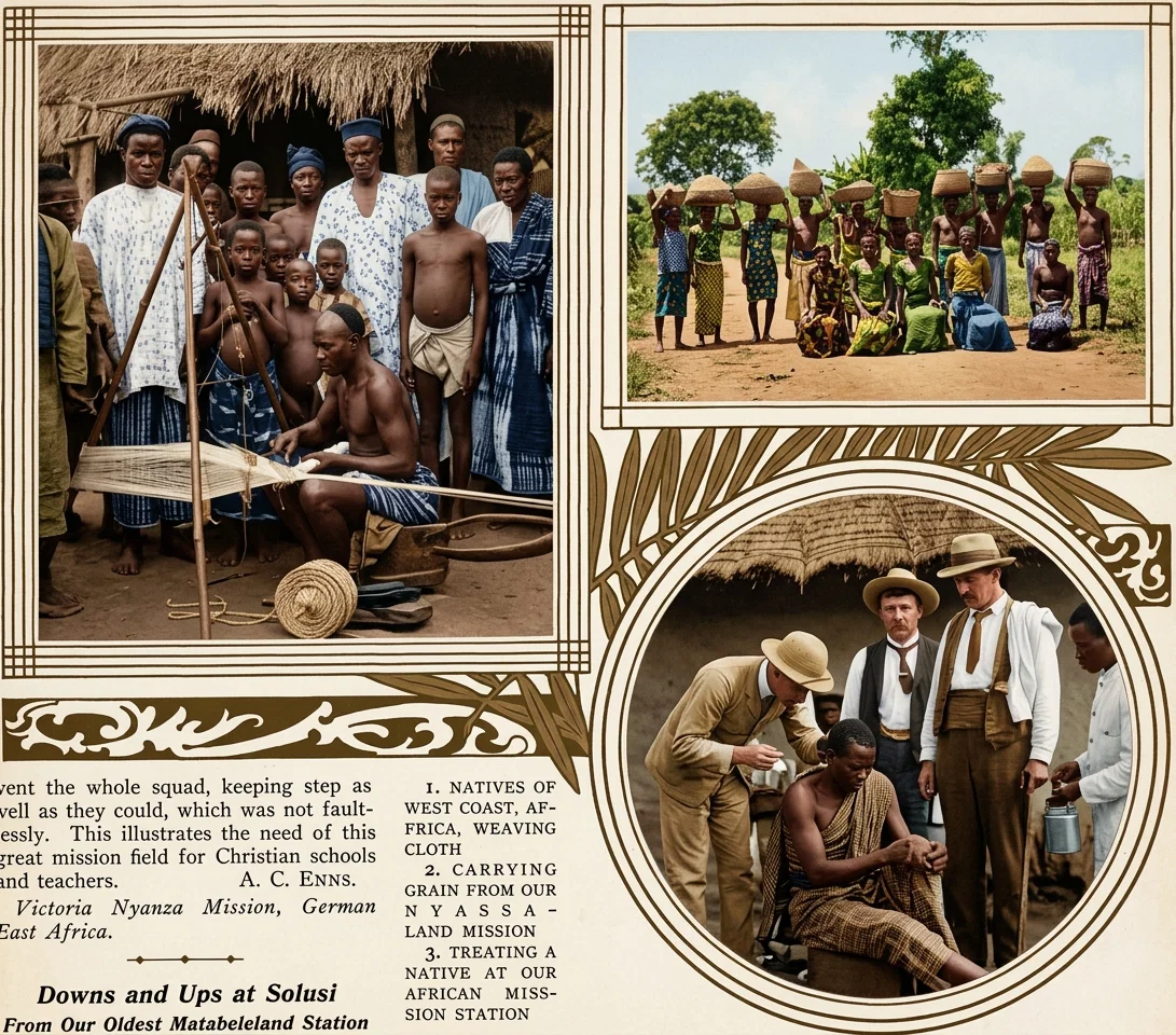 Victoria Nyanza Mission, German East Africa.

1. NATIVES OF WEST COAST, AFRICA, WEAVING CLOTH
2. CARRYING GRAIN FROM OUR NYASSA-LAND MISSION
3. TREATING A NATIVE AT OUR AFRICAN MISSION STATION