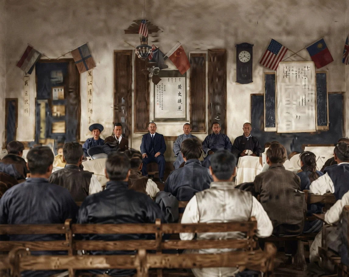 Interior of our Mandarin training-school at Nanking. The scene—a farewell to Brother F. A. Allum, who was leaving for America on furlough. The white silk scroll on the wall was sent to the last General Conference.