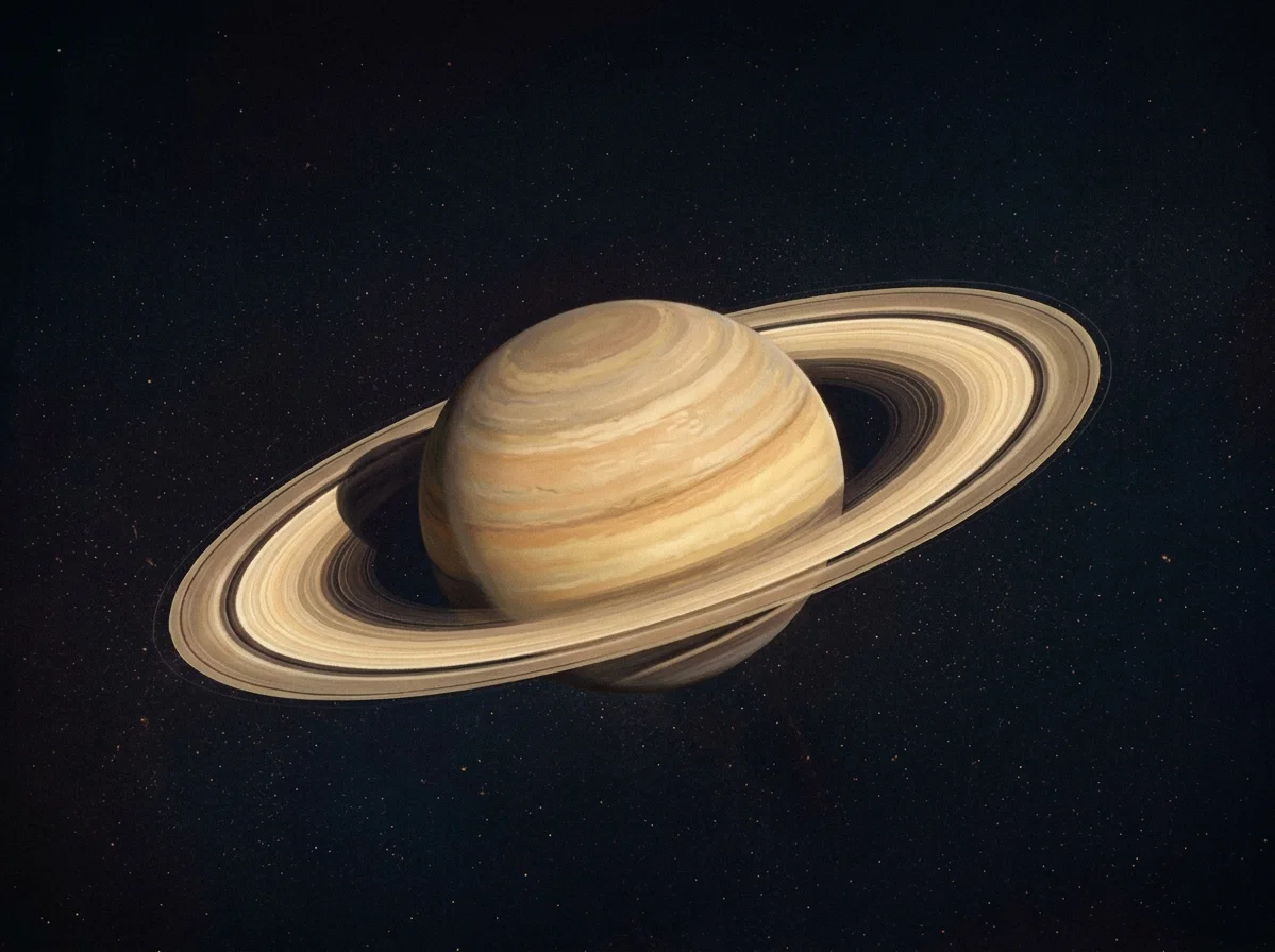 A view of Saturn, the planet next beyond Jupiter. Its distance from the sun is about 886 million miles; its period, or year, 29½ of our years; its diameter, 75,000 miles at the equator; its rotation, or day, 10 hours 14 minutes. It is chiefly remarkable for its 8 satellites, or moons, and its rings, three in number, two flat bright ones, and another darker, called the “crape ring.” These rings are supposed to be composed of small satellites revolving about the planet.