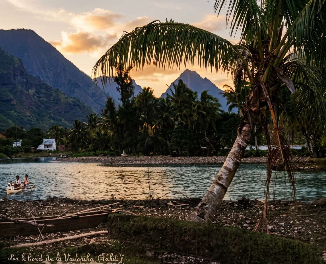 A scene in Tahiti, coconut palm in the foreground
