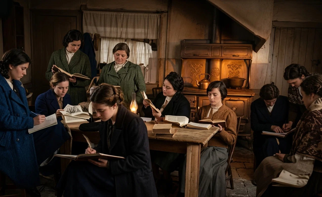 LADY STUDENTS AT ARGENTINA SCHOOL, STUDYING IN THE KITCHEN, MAKING USE OF THE KITCHEN STOVE TO KEEP WARM