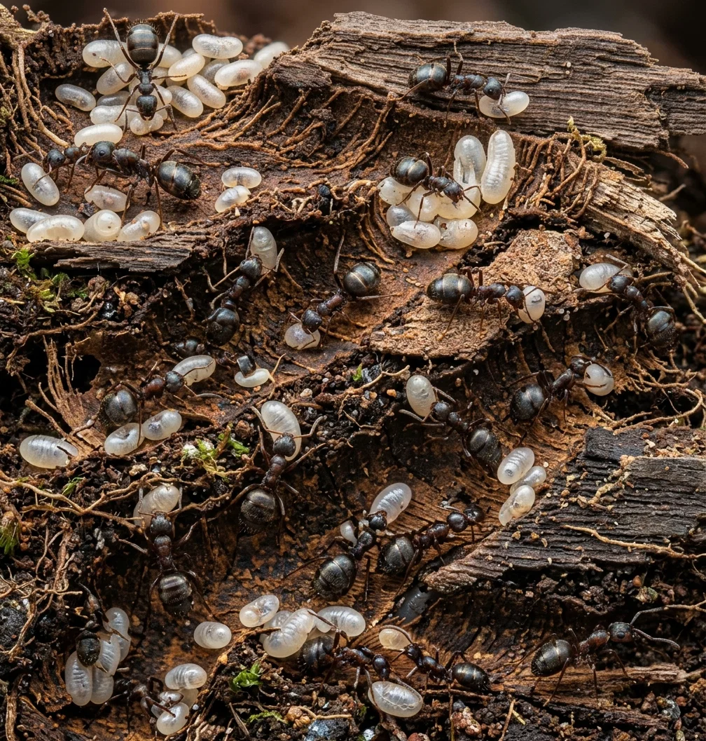 Ants moving their eggs to shelter after their home has been disturbed.