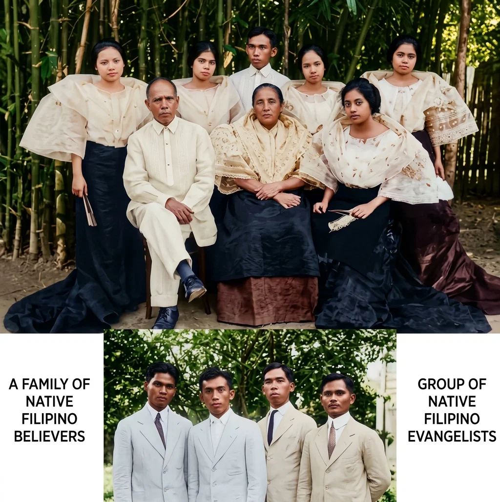 Upper: A FAMILY OF NATIVE FILIPINO BELIEVERS. Lower: GROUP OF NATIVE FILIPINO EVANGELISTS DEVELOPED SINCE ELDER FINSTER ENTERED THE FIELD IN 1909.