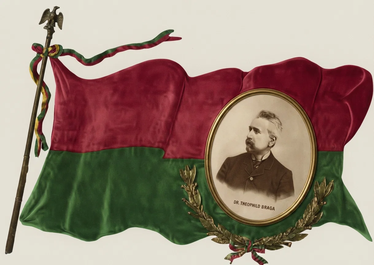 Dr. Theophild Braga, the provisional president of Portugal, and the republican flag of the new state. The upper portion is red, and lower green.