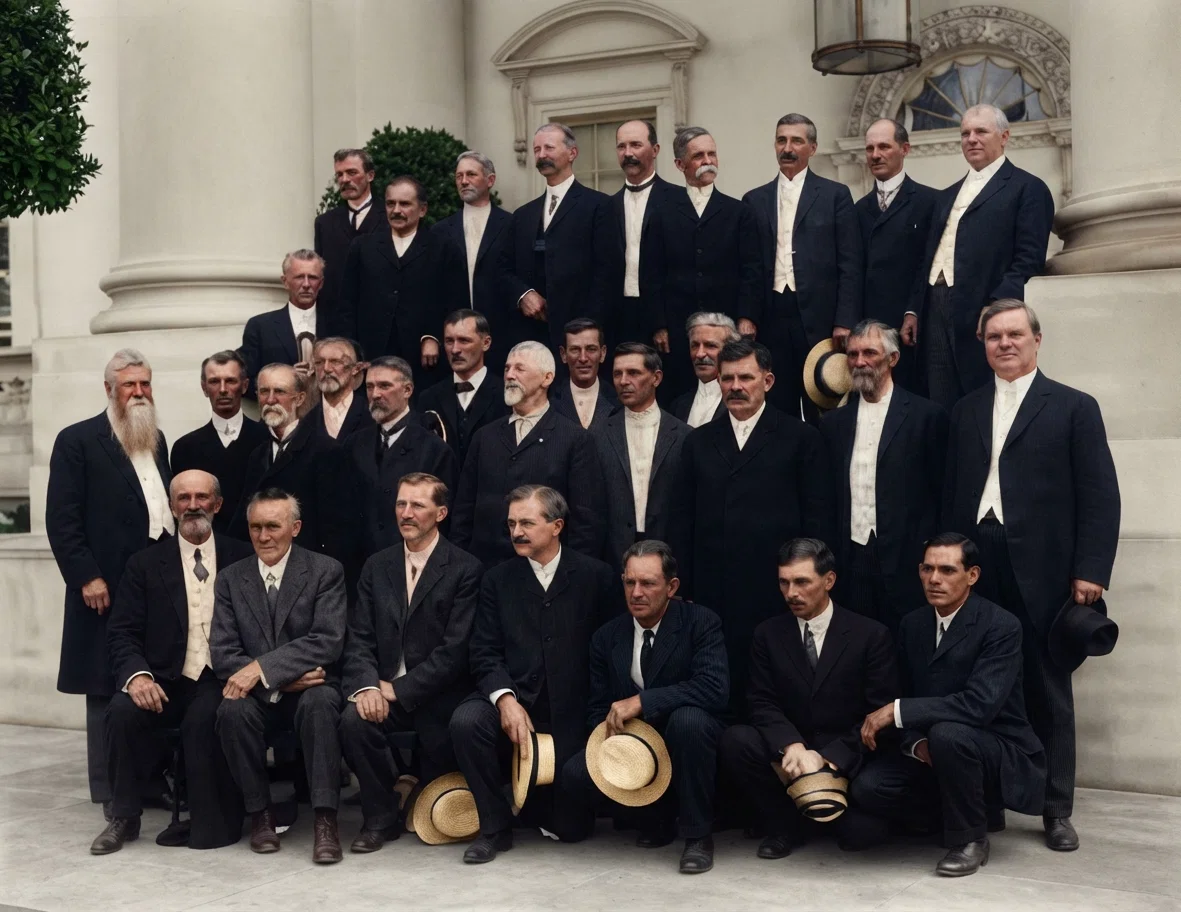 The delegation appointed by the General Conference to present the address to the President. Photograph taken by government photographer on the porch in front of the White House. The address was presented by the senior member of the delegation, Mr. J. O. Corliss, of Mountain View.