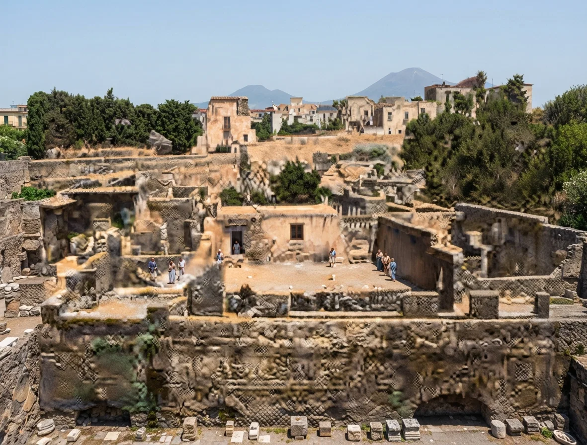A general view of Herculaneum, buried in an eruption of Vesuvius in A.D. 79. It lies beneath the surface from 30 to 120 feet.