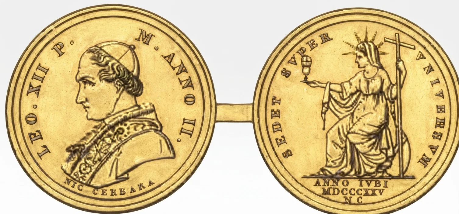 A remarkable medal struck by Pope Leo XII, on the occasion of the jubilee in 1825. On the one side is his own image, and on the other the Church of Rome, symbolized by a woman, holding in her left hand a cross as a scepter, and in her right a cup, which she offers to the nations, and around her the legend, "Sedet super universum," "The whole world is her seat." How striking is the application of Rev. 17:3-5!
