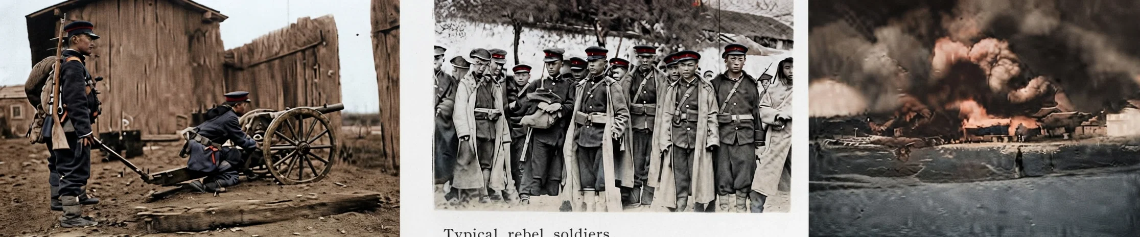 Sighting a rebel field-gun at Hankow. Typical rebel soldiers. Note they are mostly young men - students. A view of the burning of Hankow.