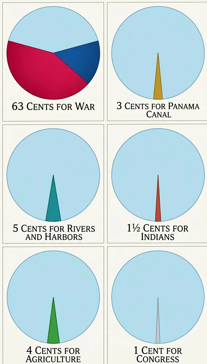 63 CENTS FOR WAR
3 CENTS FOR PANAMA
CANAL
5 CENTS FOR RIVERS
AND HARBORS
1½ CENTS FOR
INDIANS
4 CENTS FOR
AGRICULTURE
1 CENT FOR
CONGRESS