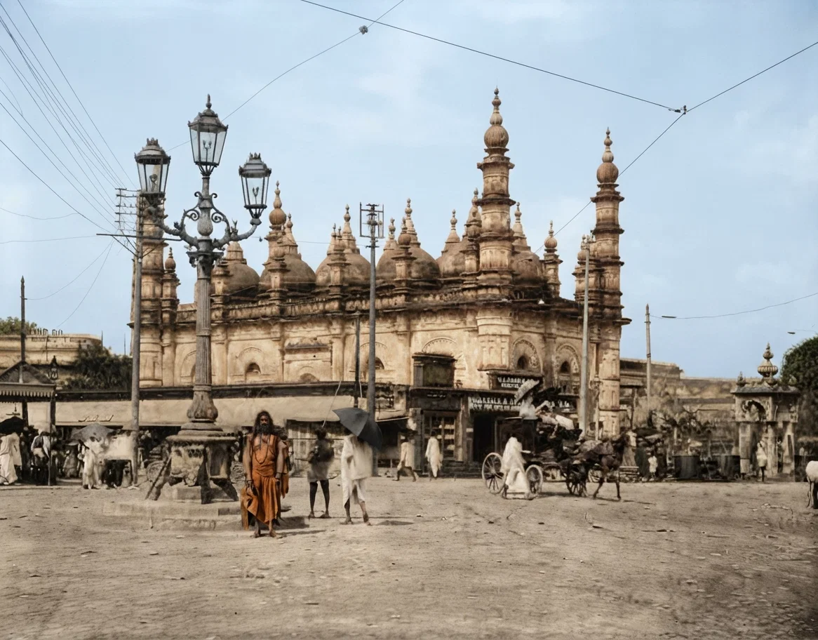 Prince Golam Mohamed mosque, Calcutta. The ancient mosque and the modern electric trains and lights make a rare combination of old and new.
