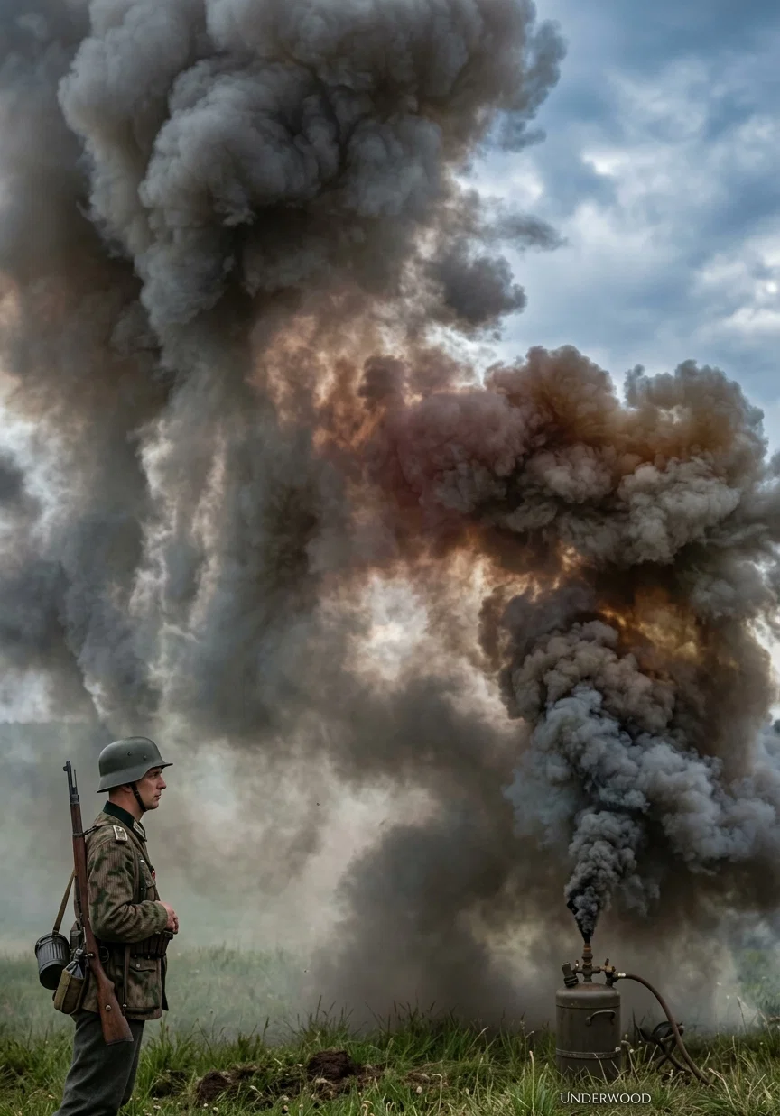 Nations the world over are experimenting with new weapons of warfare. This photograph shows clouds of nonpoisonous gas spreading from a portable tank during maneuvers staged at Berlin, Germany. Germany was forbidden to use poisonous gases by the Treaty of Versailles.