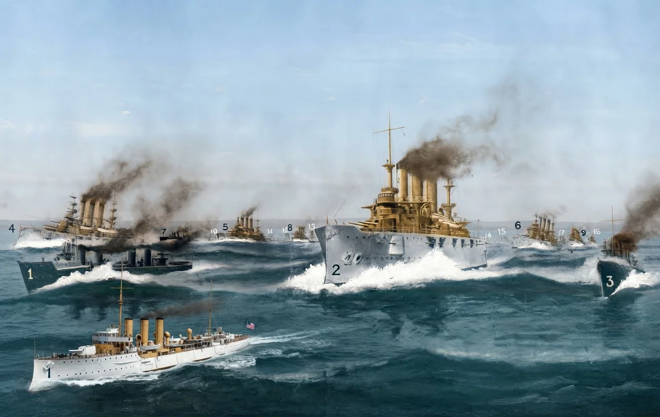 THE BATTLE-SHIP SQUADRON LEAVING HAMPTON ROADS