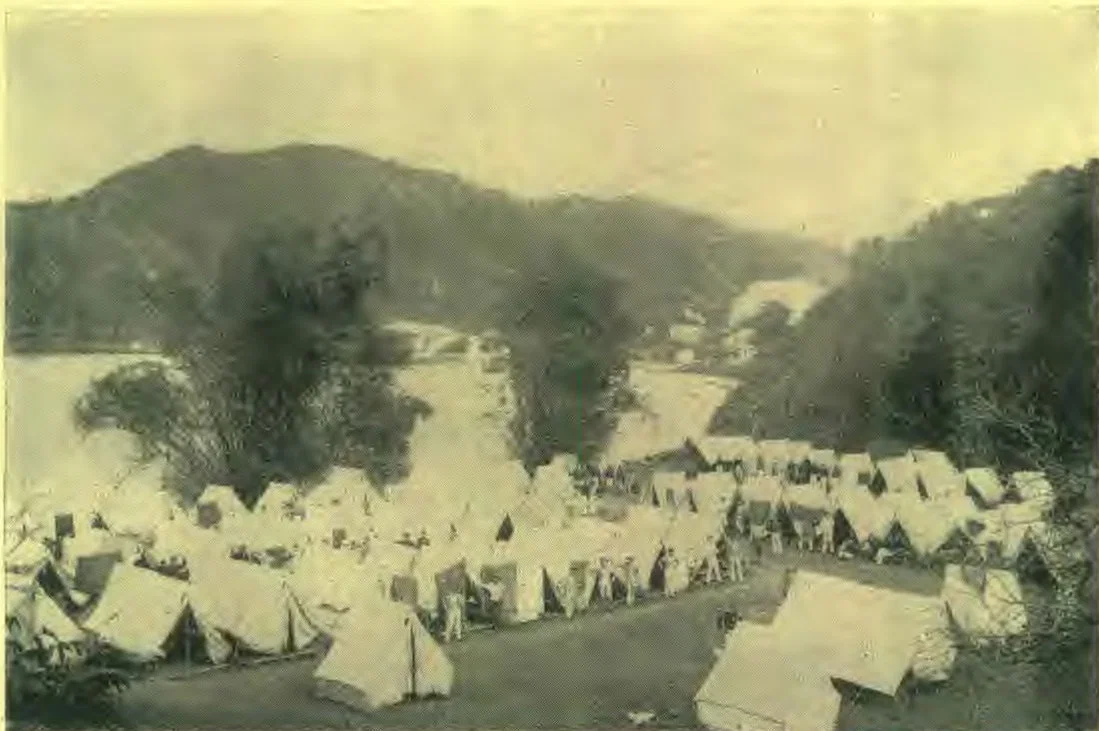 The above is a good illustration of the beautiful scenery in the Philippines. The particular island is Corregidor. The tents are those of the Tenth Pennsylvania Volunteers. Had indeed it is that sin has marred God's fair creation; since the blood of Abel was shed by Cain man has marred against his fellow. Sadder than all else are wars of ambition and conquest, undertaken in the name of humanity. The view is from a photo furnished by Mrs. Wood, of this city, whose husband is a physician connected with the hospital corps of the army.