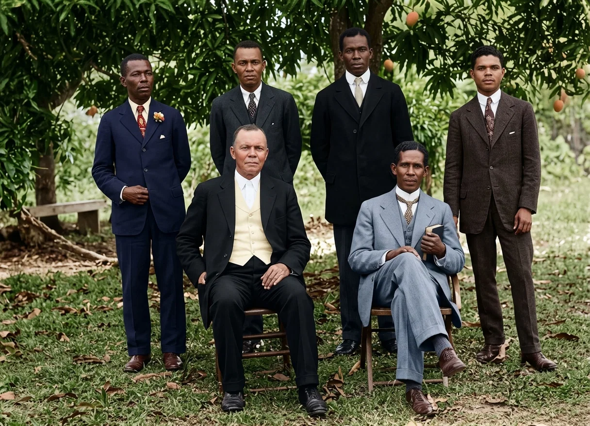 STANDING, BEGINNING AT THE LEFT, BRETHREN BANNY, ACKAH, DAHARTY, SAKEY. SITTING, BEGINNING AT LEFT, ELDER D. C. BABCOCK, EVANGELIST C. E. F. THOMPSON.